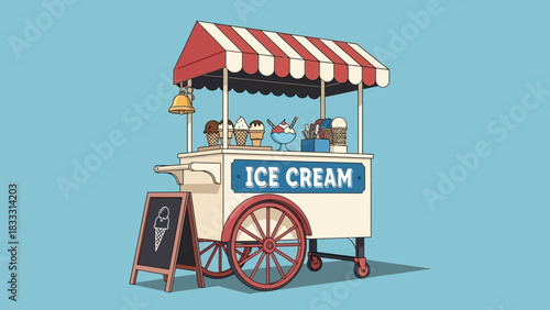 Vintage Ice Cream Cart Illustration on Blue Background.