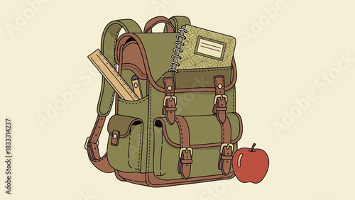 Vintage school backpack with books and apple illustration.