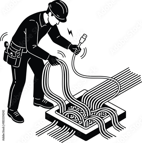 Worker Connecting Cables Isometric Silhouette Vector