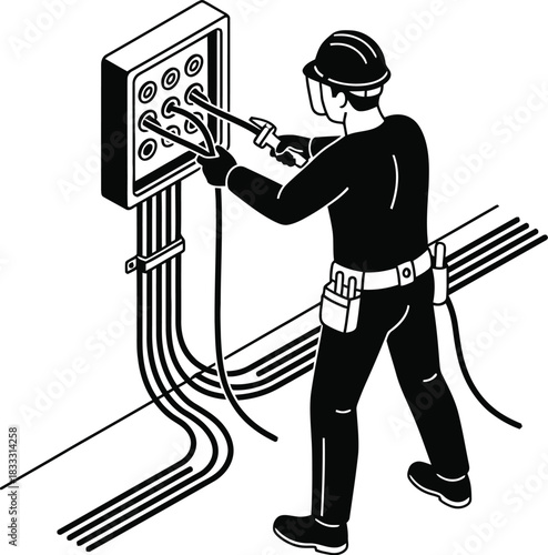 Worker Connecting Cables Isometric Silhouette Vector