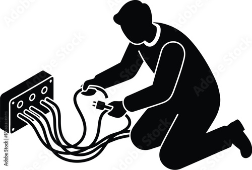 Worker Connecting Cables Isometric Silhouette Vector