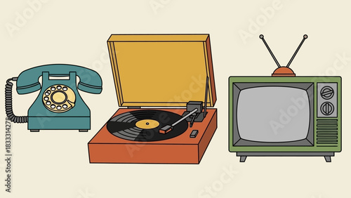 Vintage Technology Collection - Rotary Phone, Record Player, and Television Set.