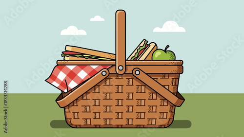 Wicker Picnic Basket with Food Outdoors.