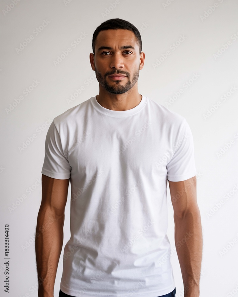 Obraz premium Portrait of a handsome man with short dark hair and a beard wearing a plain white tshirt, isolated on white background