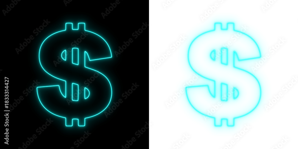 Fototapeta premium Cyan neon dollar sign glowing on black and transparent backgrounds, bright financial symbol for money, currency, banking, and finance themes