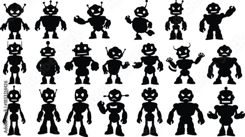 Robot silhouettes, black robot icons, futuristic robot design, AI machine shapes, mechanical bots, cartoon robots, vector robots, sci-fi characters