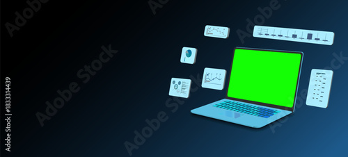 Digital workspace with laptop displaying green screen and data charts for analysis and visualization at a modern office setting