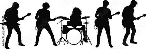 Rock band silhouette performing live, energetic musicians with guitars and drums, music concert scene, black and white illustration, group performance
