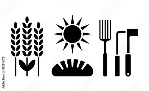 Black and white illustration of wheat sun bread and cooking tools