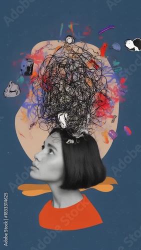 Conceptual Art - Womans Mind Overwhelmed with Thoughts and Emotions.