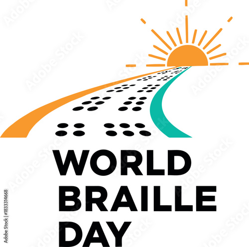 World braille day logo with braille path and a rising sun