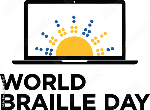 World braille day awareness symbol with laptop and braille sun
