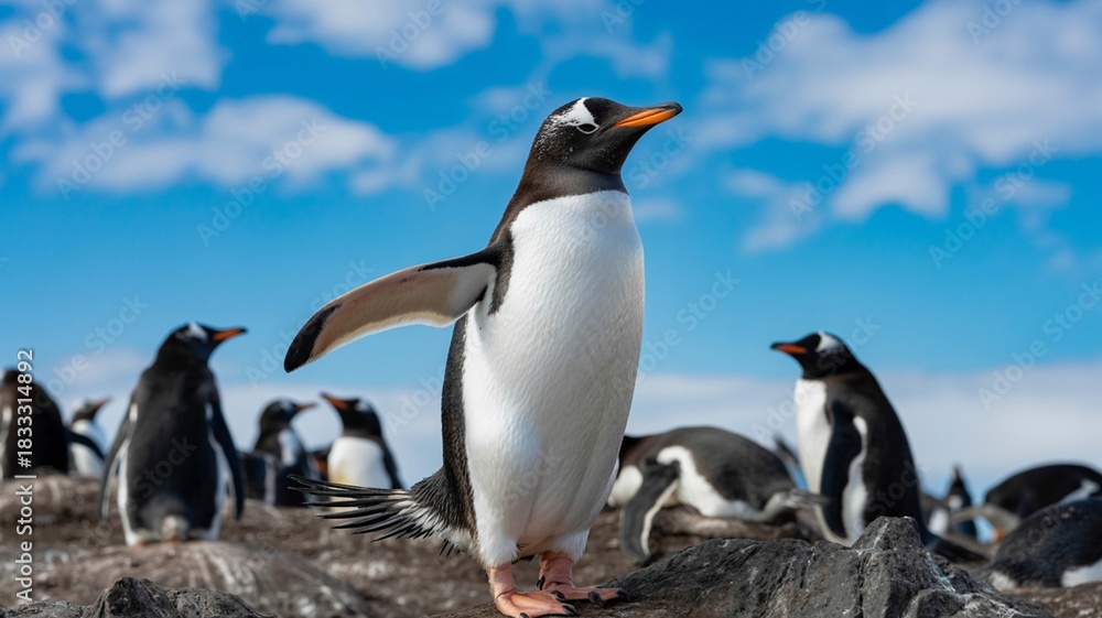 Obraz premium A proud gentoo penguin stands tall with one wing slightly raised in a colony under a bright blue sky with scattered white clouds