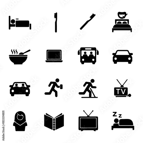 Set of glyph icons for daily life activities, including sleeping, eating, commuting, work, and leisure concepts