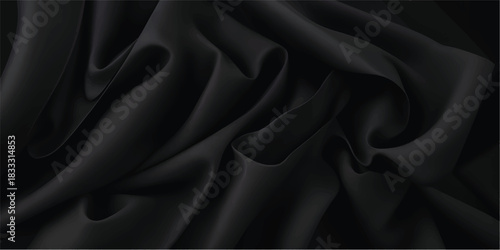 Elegant black silk satin fabric textile texture with soft, smooth, shiny folds for a luxury fashion backdrop