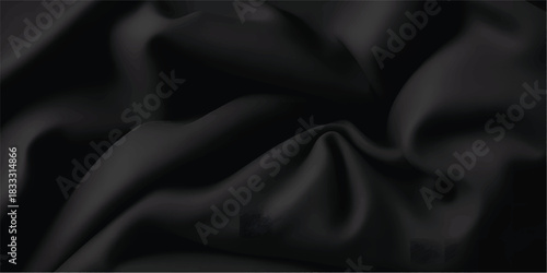 Elegant black silk satin fabric with smooth, soft texture and luxurious wave patterns for a fashion backdrop