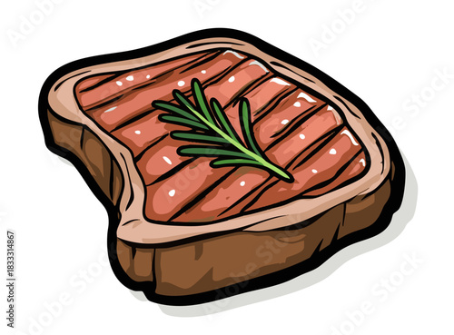 A flat illustration of a piece of cooked beef fillet steak with a spring of rosemary herb, isolated against a transparent background