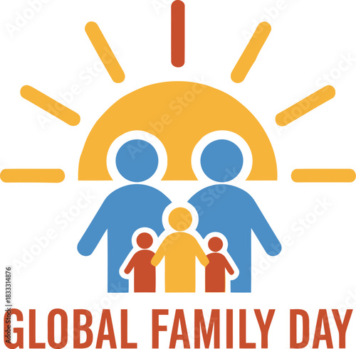 Global family day icon with parents and children under a bright sun.