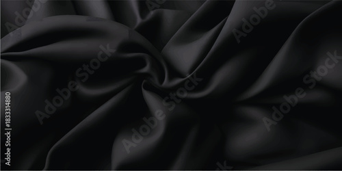 Elegant black silk satin fabric with smooth, soft texture and shiny ripples, perfect for a luxury fashion backdrop or textile decoration