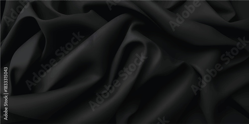 A luxurious black satin silk background textile with soft, smooth, shiny folds and rippled waves
