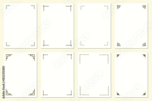 Elegant minimal border frame set with clean corner accents. Modern blank page templates ideal for certificates, invitations, and decorative stationery. High-resolution outline collection for professio