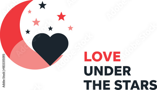 Love under stars icon, romantic night sky, moon, heart, romance