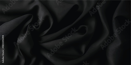 Elegant black satin silk fabric with a luxurious, smooth, and soft wave texture for a fashion backdrop