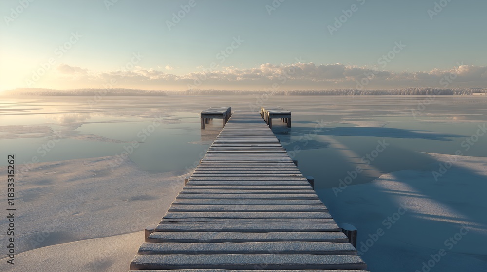 Obraz premium Winter landscape featuring a wooden bridge over a frozen lake used as a natural ice rink. Soft sunlight and minimal composition create a calm seasonal atmosphere.
