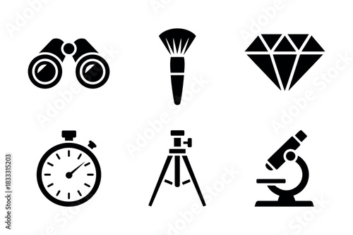 Illustration of binoculars brush diamond stopwatch tripod and microscope in black