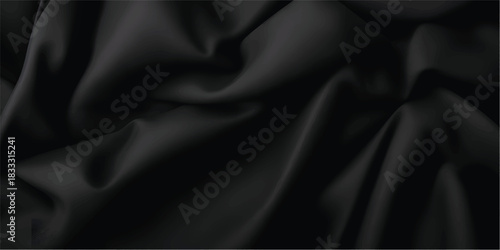 Elegant black satin and silk fabric texture background with smooth, luxurious folds and shiny decorative waves
