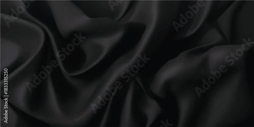 Black silk satin fabric background with soft, luxurious texture and elegant, shiny waves for fashion backdrop