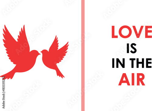 Two red bird silhouettes with 'love is in the air' text design.