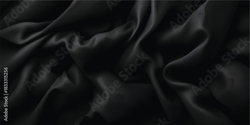 Elegant black silk satin fabric with smooth, soft, and shiny texture for luxury fashion and decorative backdrop
