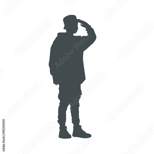 Silhouette of a person in a cap saluting with neutral background