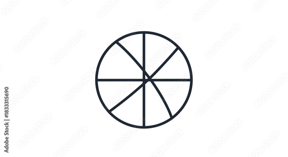 Fototapeta premium Simple black line art icon of a circle divided into eight abstract segments, representing a wheel, pizza, or a pie chart on a white background.