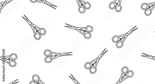 Seamless repeatable pattern featuring scattered black and white line art illustrations of tailor's scissors, ideal for craft or barbershop backgrounds.