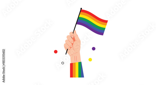 Vector illustration of a hand with a rainbow-colored sleeve holding a waving pride flag, symbolizing LGBTQ+ rights, love, and equality on a white background.