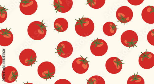 Seamless and repeatable background pattern featuring vibrant red cartoon tomatoes with green stems scattered randomly on a light-colored backdrop.
