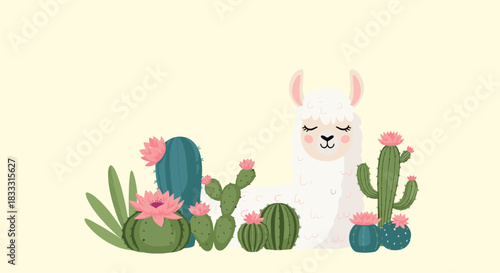 Adorable cartoon illustration of a cute white llama with closed eyes resting among a variety of blooming green cacti on a soft yellow background.