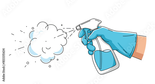 Hand-drawn illustration of a hand wearing a blue protective glove holding and using a spray bottle, depicting cleaning and disinfection.