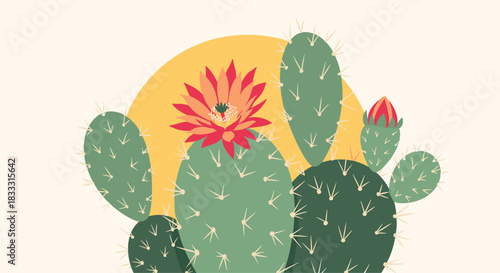 Stylized flat vector illustration of a blooming prickly pear cactus with a large red flower set against a simple yellow sun on a light background.