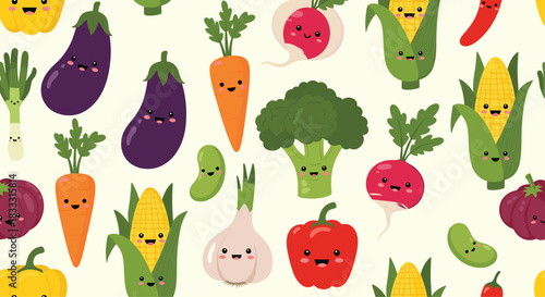 Cute seamless pattern with a variety of kawaii cartoon vegetables, including corn, carrots, and broccoli, all with smiling faces on a light background.