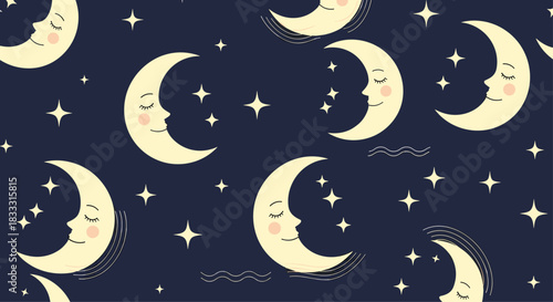 Seamless celestial pattern with cute, sleeping crescent moons with smiling faces and sparkling stars on a dark blue night sky background.
