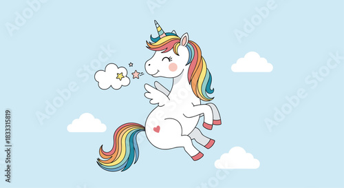Adorable cartoon unicorn with rainbow-colored mane and tail flying through a blue sky with white clouds and sparkling stars.