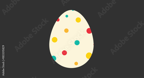 Simple flat design illustration of a single Easter egg decorated with colorful polka dots, shown against a solid dark gray background for contrast.