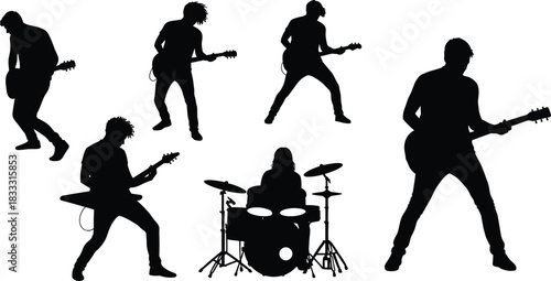 Rock band silhouette, energetic musicians, electric guitar performance, live concert vibe, drummer action, music culture, black and white illustration, dynamic pose