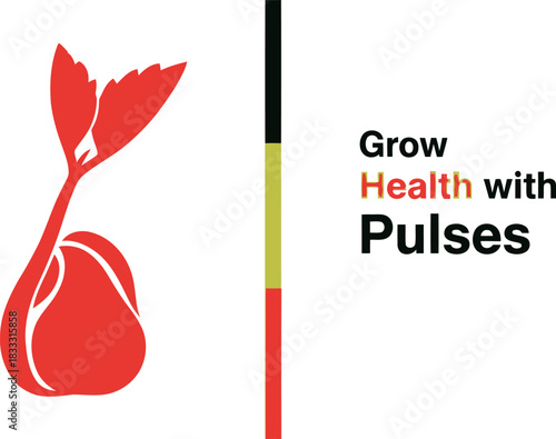 Red stylized plant graphic with 'grow health with pulses' text on white