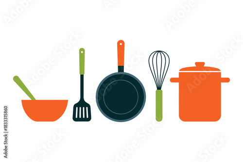 Illustration of kitchen utensils including a bowl spatula frying pan whisk and pot