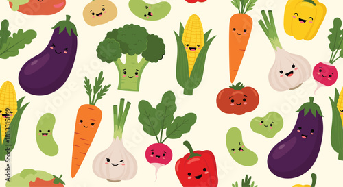 Seamless pattern background with a variety of adorable kawaii-style vegetables like broccoli, corn, and carrots with cute smiling faces.