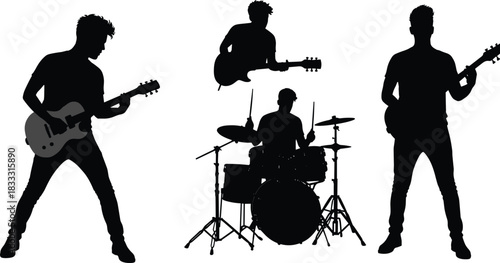 Rock band silhouette, energetic musicians, live performance, electric guitar players, drummer in action, music concert vibe, black white contrast, dynamic pose